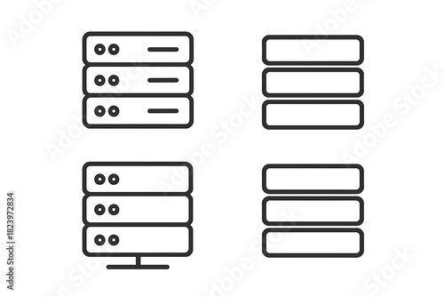 Minimalist server icons set: black and white network symbols tech illustration