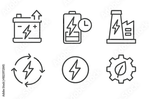 Energy icons set: battery, green energy, power plant, renewable energy, sustainability