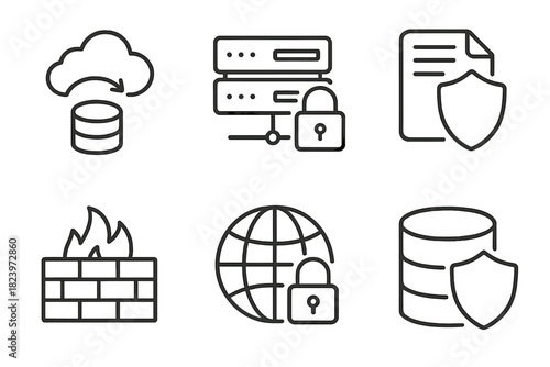 Cybersecurity icons: cloud storage, firewalls, global protection, data security