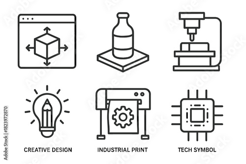 Industrial icons: bottle, 3d printer, cnc machine, lightbulb, plotter, chip