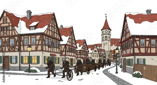 Illustration of a snow-covered European town with half-timbered houses, a church tower, and figures pulling carts through the street.