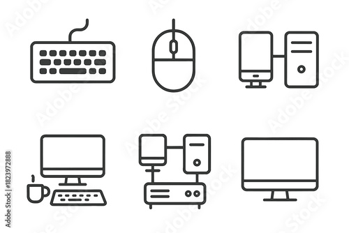 Minimalist line art icons of computer accessories and devices