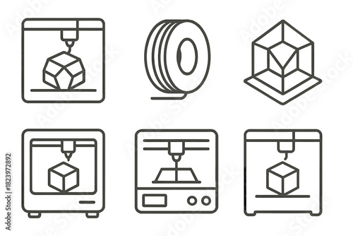 3d printing icons: printer, filament, and cube design symbols in outline style