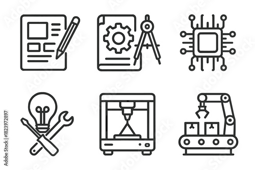 Engineering icons set: design tools, microchip, lightbulb, 3d printer, robotic arm