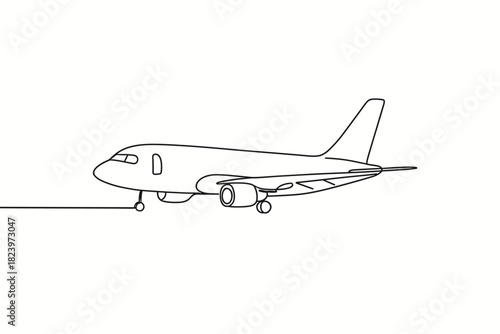 Outline of a passenger airplane in flight with simple line art design