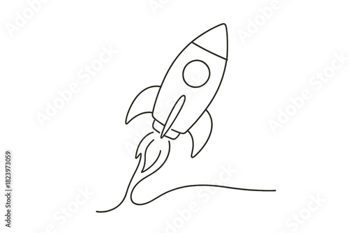 Simple rocket line drawing with curved path and flame detail