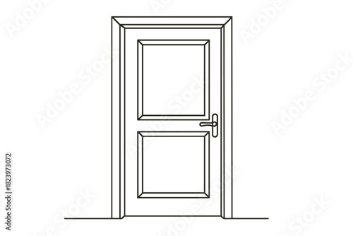 Minimalist black and white line drawing of a closed door with panel design