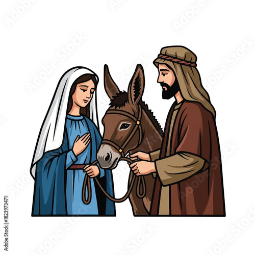 Illustration of Mary and Joseph with a donkey, depicting a scene reminiscent of the Nativity story.