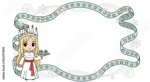 Cartoon depiction of Saint Lucia holding a tray with a ribbon frame featuring stars and snowflakes for text.