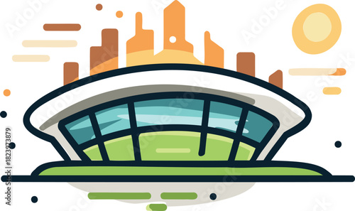 Modern sports stadium illustration with city skyline background