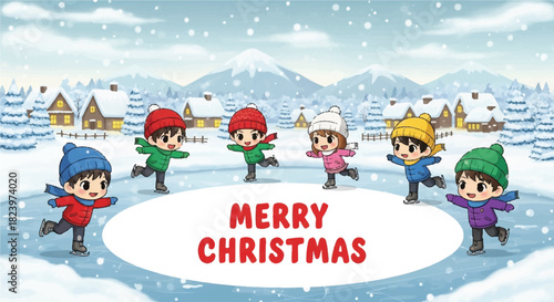 Cartoon illustration of children ice skating on a frozen pond in a snowy winter landscape with houses and mountains, wishing "Merry Christmas".