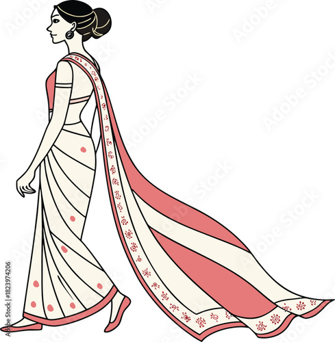 Elegant indian woman in traditional white and pink saree walking gracefully