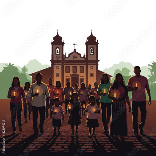 A group of people, including adults and children, walks towards a church at dusk, each holding a lit candle.