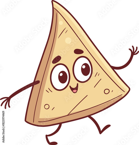 Joyful cartoon samosa character with happy face dancing on white background