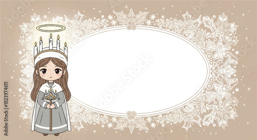 Cartoon illustration of a Saint Lucia girl holding candles, framed by a decorative border of snowflakes and holly leaves.