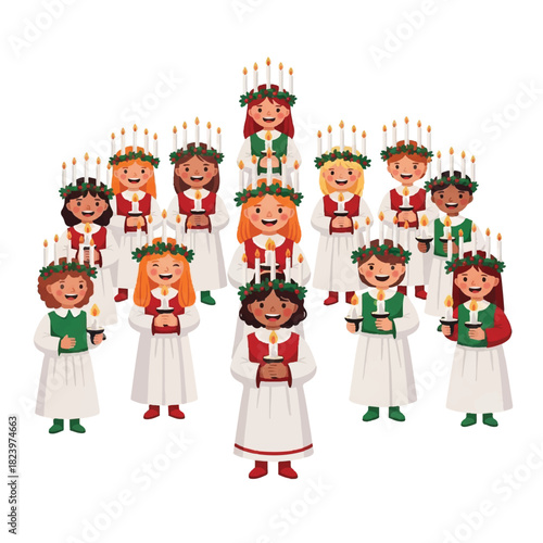 Illustration of a Lucia procession with girls wearing white robes and candle crowns, holding candles and singing.