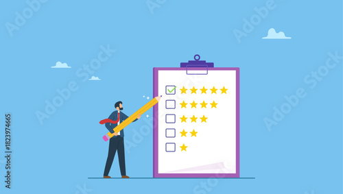Businessman use pencil giving stars evaluation. Evaluation performance survey, marketing feedback or service questionnaire, customer opinion, excellent 5 stars service, customer ranking score.