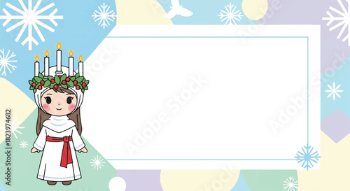 Cartoon illustration of a Lucia girl with a candle crown, standing next to a blank white frame on a wintery pastel background with snowflakes.