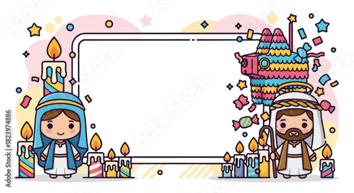 Cartoon illustration featuring Mary and Joseph flanking a blank rectangular frame, decorated with candles, a piñata, stars, and confetti.