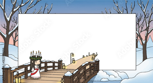 Cartoon illustration of a girl wearing a Lucia crown walking across a snow-covered bridge in a winter landscape.