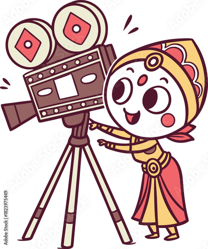 Cute cartoon character in traditional indian attire filming with a vintage movie camera
