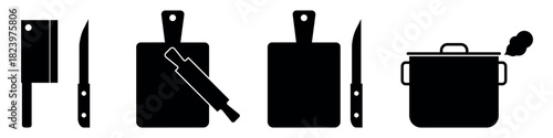 Meat cleaver, knife. Cutting board, rolling pin. Saucepan cooks, steam. Flat vector illustration isolated on white