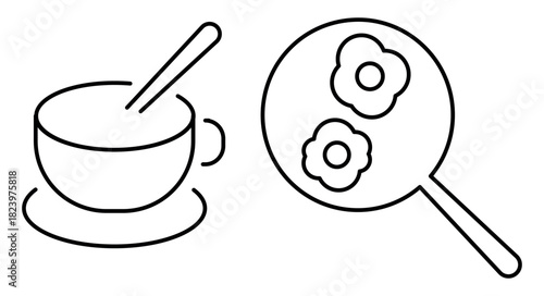 Fried eggs and coffee. Breakfast, cafe. Cup, frying pan. Line icon. Flat vector illustration isolated on white background.