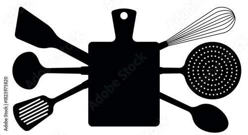 Cutting board. Whisk, ladle, spatula, spoon, colander, sieve. Kitchen utensils black silhouette set. Flat vector illustration isolated on white background.