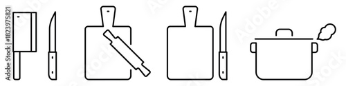 Meat cleaver, knife. Cutting board, rolling pin. Saucepan cooks, steam. Line icon set. Editable stroke. Flat vector illustration isolated on white background.
