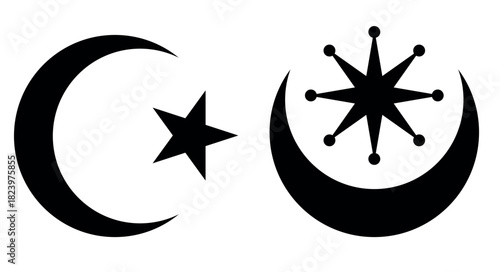 Star and crescent, Islamic symbol, modern and ancient, Byzantine. Flat vector illustration isolated on white background.