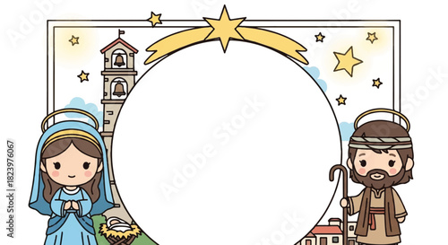 Cartoon depiction of the Nativity scene featuring Mary and Joseph with a star and church in the background, framing a blank circular space.