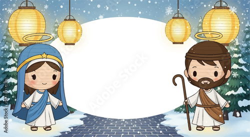 Cartoon illustration depicting the Nativity scene with Mary and Joseph standing on a snowy path under lanterns, surrounded by winter trees and falling snow.