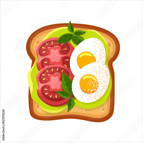 Cute sandwich with avocado and tomatoes, egg, basil leaves. Flat vector illustration of healthy breakfast.