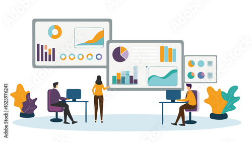 Diverse team of professionals collaborating and discussing performance metrics in a modern office setting illustrating teamwork and business growth