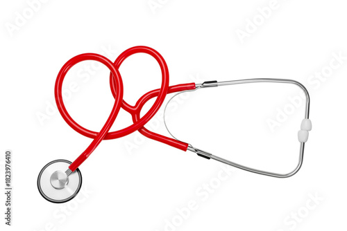 Fotografie Red heart-shaped stethoscope for healthcare, isolated on white, PNG