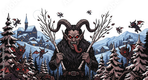 Krampus figure with horns and long tongue holding branches, surrounded by bats and a snowy village backdrop.
