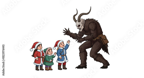 Illustration of Krampus approaching three children wearing Santa hats, against a white background.
