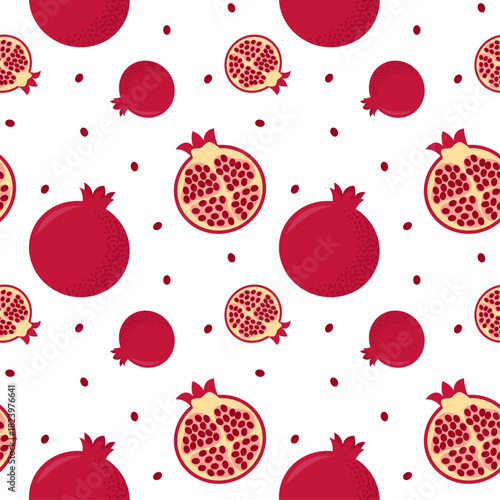 Seamless pomegranate pattern. Repeating whole fruits and cut halves with red seeds in a flat style. Fresh fruit pattern for fabric, packaging, kitchen decor and wrapping paper.