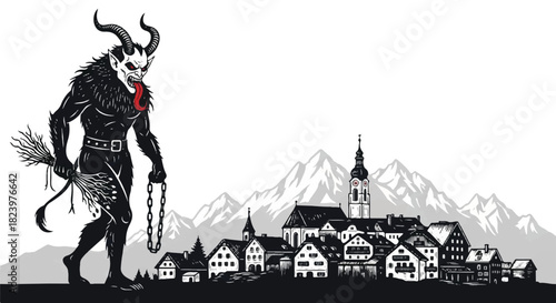 Krampus figure walks towards a small village nestled against a backdrop of mountains, carrying chains and a bundle of sticks.