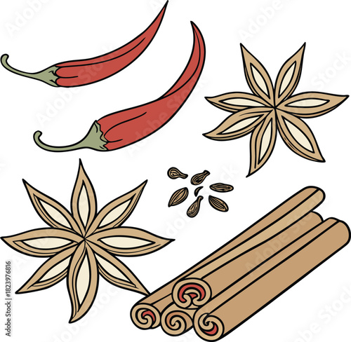 Assortment of dried spices including chili peppers, star anise, cinnamon sticks
