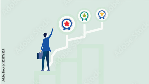Office worker climbing career ladder symbolizing business growth success and professional advancement with a clear visual representation of progression