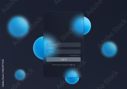 Modern dark glass login interface with matte panel and floating blue spheres on deep gradient background for web and app design