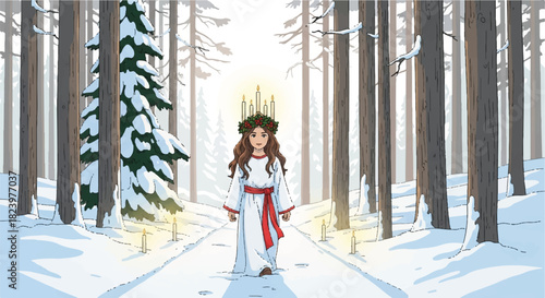 Illustration of a young girl dressed as Saint Lucia walking through a snowy forest with a candle crown, light shines through the trees.