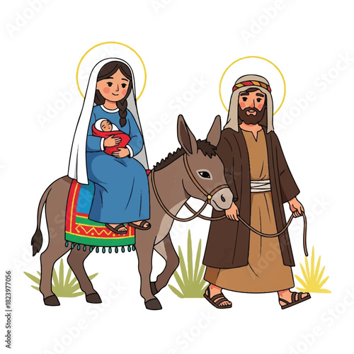 Cartoon illustration of Mary holding baby Jesus riding a donkey, led by Joseph, with halos above their heads.