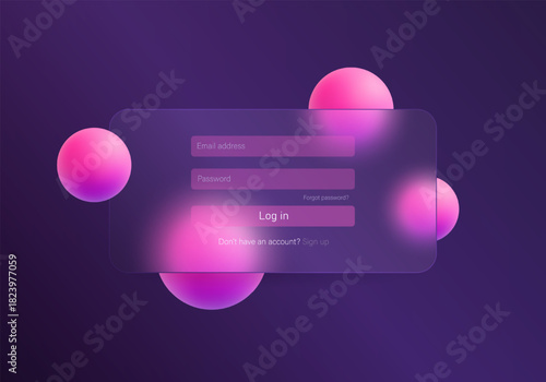 Modern login form in glassmorphism style with a rounded matte panel and floating pink spheres on a purple gradient background for web and app design