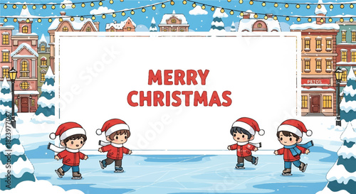 Four children wearing Santa hats ice skating in a winter town square with a Merry Christmas message on a white banner.