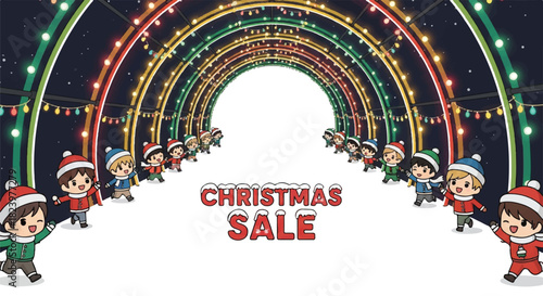 Christmas sale illustration with cartoon children wearing Santa hats standing under an archway of colorful lights.
