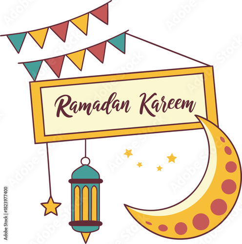Ramadan kareem islamic greeting with crescent moon, lantern, and bunting