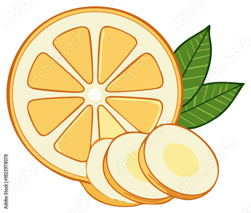 Cartoon orange fruit with slices and green leaves.