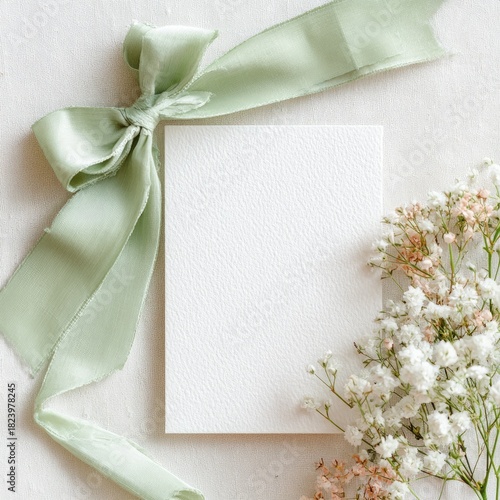 Blank card with soft green ribbon and tiny flowers on white fabric